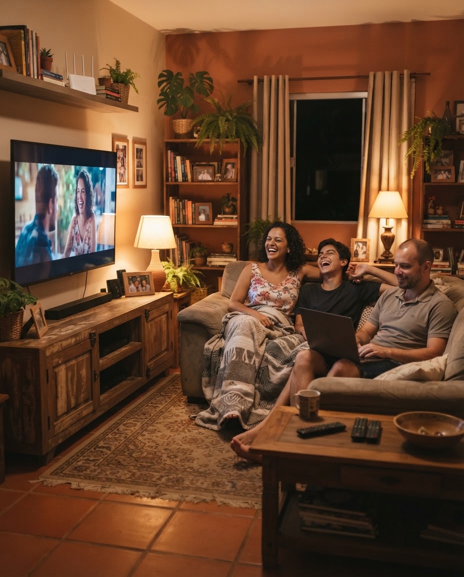Família usando a internet fibra da Cyber Net